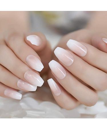 24 White Clear French medium sized coffin artificial Nail French Fake nail with Shine Nail Tips Art Design for women and girls