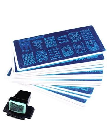 Finger Angel 16 different design nail art stamping plates with white holder nail template + 1 pcs quadratic green rubber stamper diy nail art picture stamp plate manicure template nail art tools