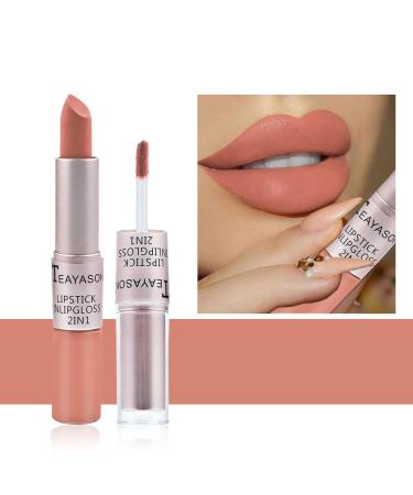 Hikaka 2 in 1 Matte Velvet Satin Lipstick & Gloss Set Double Headed Matte Finish Non-stick Cup No Fade Nude Color Long Lasting Waterproof Lip Gloss (J)