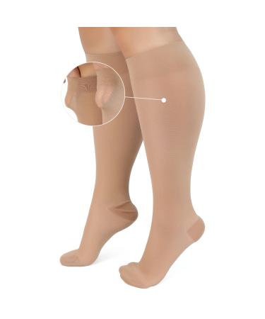 Sheer Cpmpression Socks Stockings Plus Size Compression Socks (2XL-3XL) 20-30 mmHg Extra Wide Wide Calf Knee High Stockings for Improve Circulation Varicose Veins Swelling Edema Beige