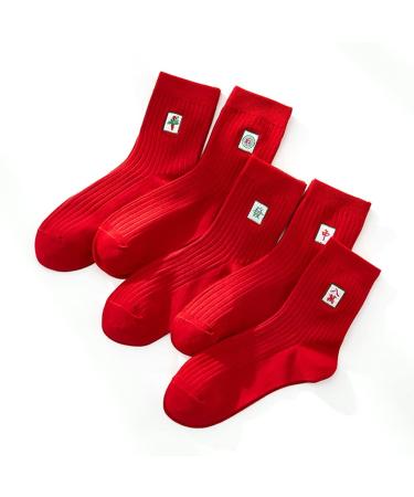 Chinese New Year Female Red Socks 2022 New Year Embroidery Cotton Socks Sports Socks New Year Gifts with Gift Boxes 5 PCS (Color : RED Size : 34-39) 34-39 Red