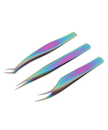 Nail Art Tweezers False Eyelashes Tweezers 3 Pieces Curved and Pointed Straight Half-Curved Makeup Tweezers Rainbow Stainless Steel Precision Jewelry-Making T