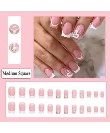 24Pcs French White Press on Nails with Heart Design - Short Medium Square Glitter Fake Nails for Women & Girls | Perfect for Daily Wear & Weddings - Buy Online on GoSupps.com