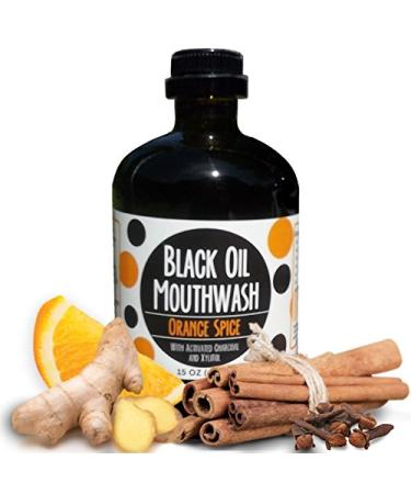 Coconut/Avocado/Sesame Oil Mouthwash Sweet & Delicious Orange Spice with Charcoal & Xylitol for Oil Pulling 15 oz Black Oil Mouthwash Glass Bottle (Orange Spice)