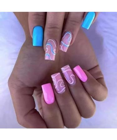 Bicolor Wave Pattern Pressed Armor 24pcs Press on Nails Fake Nails for Women and Girls Blue and Pink. 24 Nails in 12 Sizes - Various nail sizes ensure a totally custom fit pretty Baby N