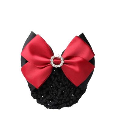 1Pcs Red Rhinestone Satin Bow Barrette Bowknot Snood Net Barrette Hair Clip Bun Cover Hairnet Bowknot Decor French Hair Clip Women ladies Girls Hair Accessories