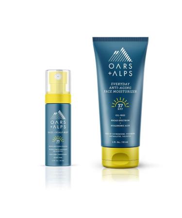 Oars + Alps Face and Scalp Mist SPF 35 Sunscreen + SPF 37 Sunscreen and Everyday Anti Aging Face Moisturizer Set Protects from Blue Light Summer Splash Scent Water and Sweat Resistant 2 Piece Set