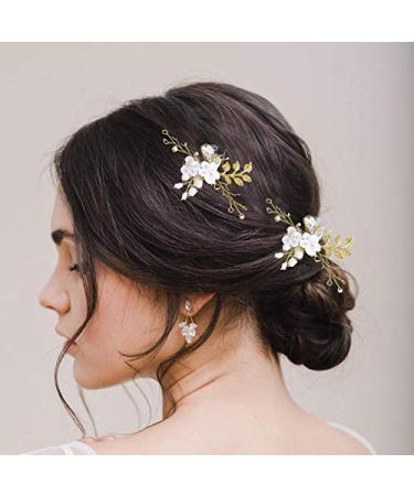 Edary hairpins for the bride wedding flower pearls bridal jewelry rhinestones hair accessories for women and girls 2 pieces (gold)