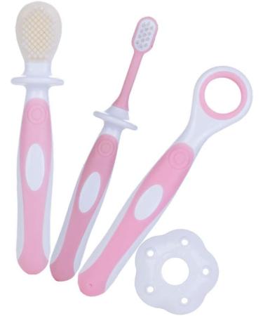 NUOBESTY Teething Toy Set for Babies - Soft Bristle Training Toothbrush & Tongue Cleaner Brush - Oral Care for Infants, Toddlers, Children - Pink - Buy Online on GoSupps.com