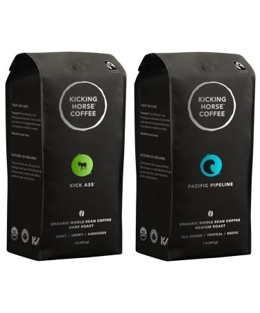 Kicking Horse Coffee KICK Ass Dark Roast Whole Bean 1 lb (Pack Of 6) - Certified Organic Fairtrade Kosher & Pacific Pipeline Medium Roast Whole Bean 1 lb - Certified Organic