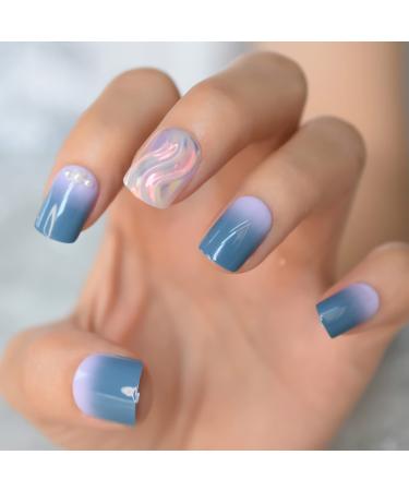 26PCS Ombre Swirl Short False Nail with Pearls Pretty Full Cover Gel Glossy Press On Fake Nails Art Tips Set Manicure Tools Blue ombre