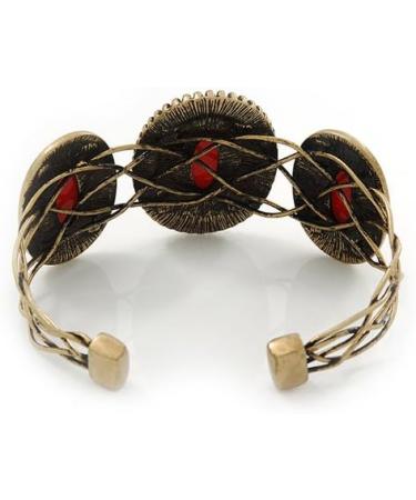 Avalaya Vintage Burn Gold Hammered Cuff Bangle with Red Stones | Adjustable Bracelet - Buy Online on GoSupps.com