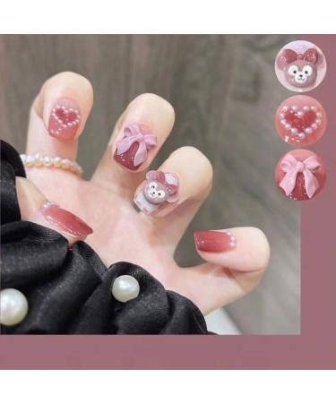 24Pcs/Set Press On Nails Pink Rose Bow Cartoon False Nails Acrylic Fake Nails Full Cover Nails Tips Artificial Finger Manicure Press on nails for Women and Girls