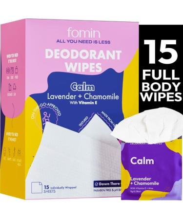 FOMIN Travel Deodorant Wipes - 15 Count - Calming Lavender and Chamomile - pH Balanced Hypoallergenic Mini Deodorant Wipes For Women and Men - Plastic-Free Individually Wrapped Underarm & Body Wipes Calm - Lavender Chamomile 15 Count (Pack of 1)
