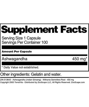 Ashwagandha (Indian Ginseng) - Withania Somnifera Root - 450 mg (100 Capsules ZIN: 513643) - Buy Online on GoSupps.com