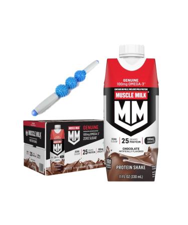 Muscle Milk Protein Shake - Chocolate Flavor - 18 Pack (11 oz each) - Zero Sugar No Milk 100 mg Omega-3 (DHA & ALA) Bonus Massage Roller Stick ( Color May Very )