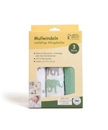 Green Woodpecker Mullwindeln 70x70cm - 100% Cotton Spitting Towels Skin-Friendly & Suction-Strong Set of 3 with Stars & Elephants - Buy Online on GoSupps.com