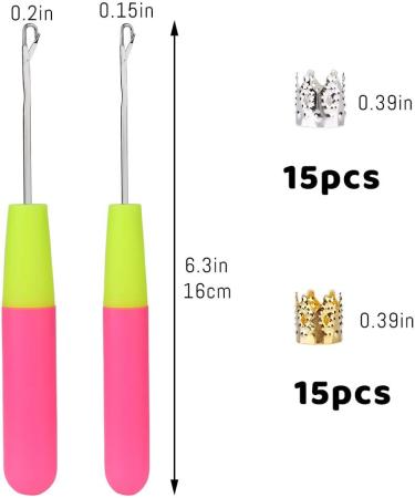 Latch Hook Crochet Needle + 30 Dreadlocks Hair Rings Set for Braiding - Silver & Gold Metal Hair Decoration Accessories - 32PCS - Buy Online on GoSupps.com