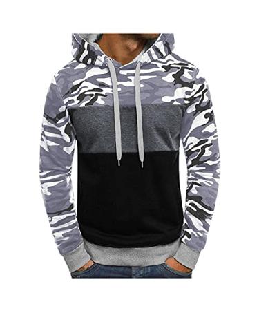 Hoodies for Men, Mens Hoodie Camo Colorblock Hoodie Long Sleeve Autumn Casual Sports Pockets Outwear Hooded Sweatshirts X-Large A-gray