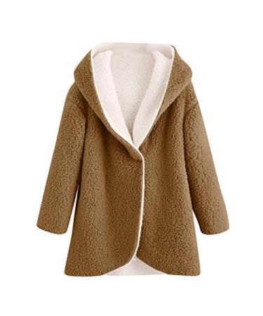 Women's Winter Curved Hem Jacket Longline Faux Fur Sherpa Fleece Hoodie Coat Outwear Coffee XX-Large