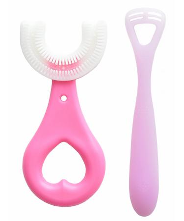 2PC  Kids U Shaped Tooth Brush Safe Brushing For Teeth and Gums with Silicone Soft Tongue Scraper Cleaner  Ages 2-6  PINK