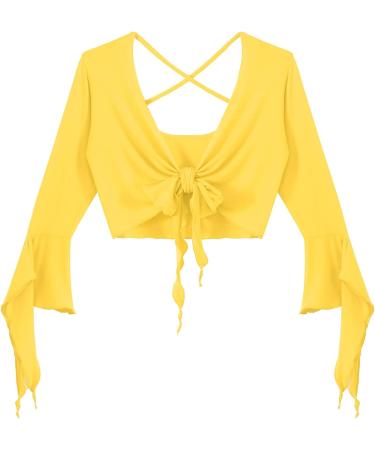 YiZYiF Women's Yellow Ballroom Dance Top with Tulle Flared Sleeves - Lace-Up Belly Latin Practice Costume - Buy Online on GoSupps.com