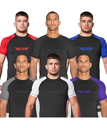 2022 Elite Sports Jiu Jitsu BJJ Rash Guards, Mens BJJ, No GI, MMA Ranked Short Sleeve Compression Base Layer Rash Guard White Large