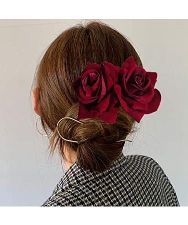 Rose Hair Clip Comb for Women - Burgundy Flower Hairpin for Wedding, Brides, Girls - Dark Red Hair Accessory - Buy Online on GoSupps.com