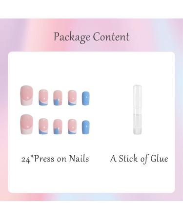 Blue Heart French Style False Nails - 24pcs Medium Square Press on Nails with Glue - Elegant Sweet Fake Nails for Women and Girls - Buy Online on GoSupps.com