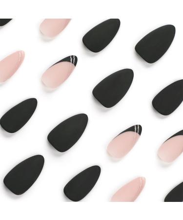 Shop Black Press-On Nails - Short Medium Almond Shaped French Tips with Gold Lines | 24 Pcs Acrylic Fake Nails for Women & Girls - Buy Online on GoSupps.com