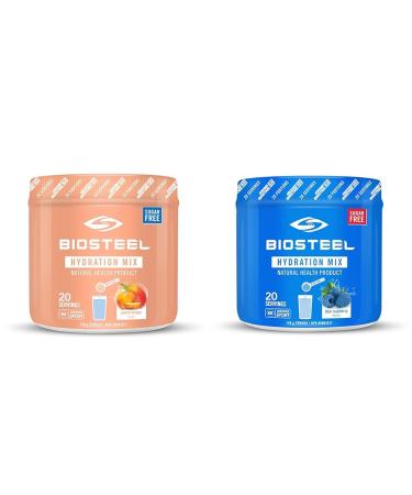 BioSteel Hydration Mix - Peach Mango and Blue Raspberry Flavors (20 Servings each) | Vegan Hydration Mix with Vitamins Minerals and Amino Acids 140 g (Pack of 1) Mix + Hydration Mix Zero Sugar