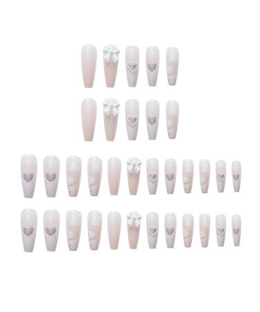 YOSOMK 3D White Pearl Heart Press on Nails - Cute Designs for Women & Girls | Long Glossy False Nails with Glue | Acrylic Nail Tips - Buy Online on GoSupps.com
