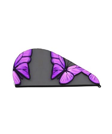 Purple Butterflies Coral Velvet Dry Hair Cap Caps with Buttons for Drying Curly Long & Thick Hair Anti Frizz