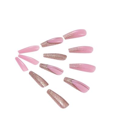 Brishow Long Gold Glitter Press-On Nails - 24 Ballerina Acrylic Pink False Nails for Women & Girls | Premium Quality Artificial Nails - Buy Online on GoSupps.com