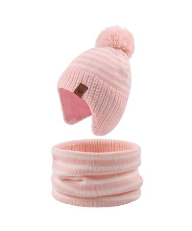 XIAOHAWANG Striped Winter Baby Beanie Knitted Hat Boys Girls Toddler Kids Warm Children Classic Beanie Hats 2-4 Years Pink(Hat+Scarf)