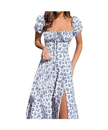Women Floral Dress Short Sleeve Flowy Summer Boho Midi Dress Summer Sexy Beach Split Long Dress Light Blue Small