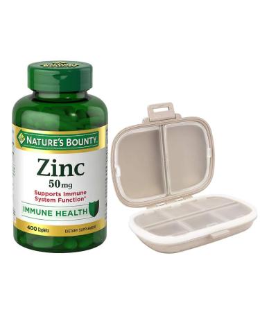 Natures Bounty Zinc 50 mg 400 Caplets Bundle with a Travel Pill Organizer 8 Compartments Portable Pill Case Color Khaki