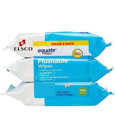 Equate Fresh Scent Flushable Wipes with Fresh Scent, Hypoallergenic, 144 Wipes Total, ( Pack of 3 ), White