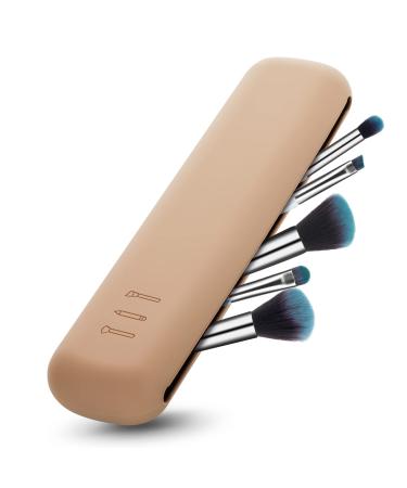 WLLHYF Travel Makeup Brush Holder Silicone Makeup Brush Case Bag Trendy Make Up Brush Organizer Waterproof Small Cosmetic Brush Holder Travel Essentials for Women Girls (Khaki)