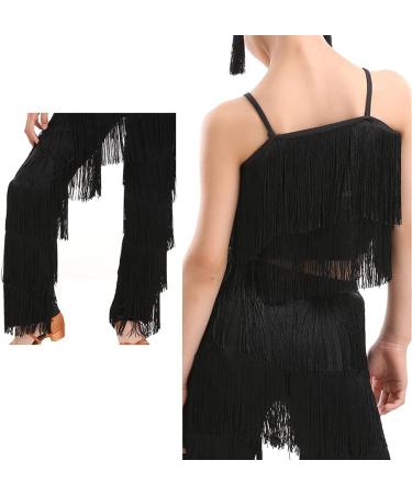 Girls 2 Piece Latin Ballroom Dance Costume Set - Black Tassel Camisole Fringe Pants - Modern Salsa Dancewear (7-8 Years) - Buy Online on GoSupps.com