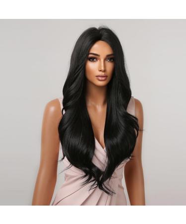 Long Curly Black Wigs for Women | Natural Wavy Synthetic Middle Part Wig - Shop Internationally! - Buy Online on GoSupps.com