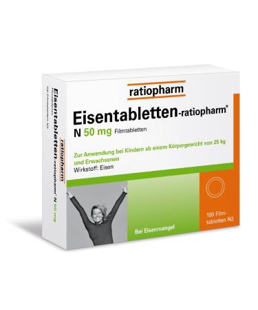 Iron tablet ratiopharm N 50 mg film-coated tablets.Compensate for iron deficiency and feel fit and active again 100 film -coated tablets 100 pieces (1 Pack)