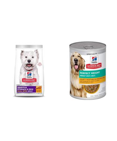 Hill's Science Diet Adult Sensitive Stomach & Skin Small Bites Dry Dog Food Chicken Recipe & Adult Perfect Weight Vegetable & Chicken Stew Canned Dog Food for healthy weight 12.5 oz 12 Pack