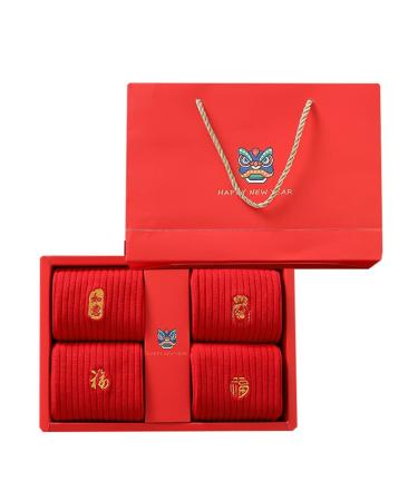 Chinese New Year Red Socks Fun Embroidery Women's Sports Socks Spring Festival Cotton Socks with Gift Box (Color : Red-2 Size : 34-39) 34-39 Red-2