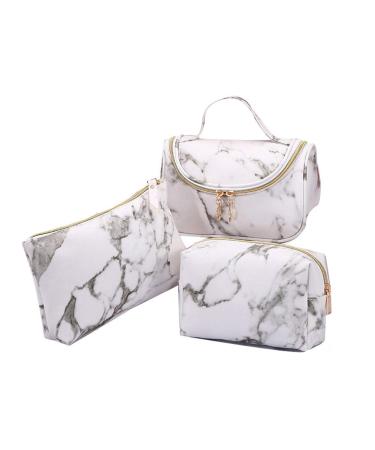3 Pack Marble Makeup Bag Travel Toiletry Bag Portable Cosmetic Pouch Organizer with Small Brush Holders Gold Zipper Waterproof Storage Case for Women and Girls,White