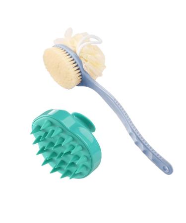 Upgrade Shower Back Scrubber with Bristle and Loofah & Hair Scalp Massager Shampoo Brush  Long Handle Back Body BrushShower Brush Loofah Body Scrubber  Hair Scalp Scrubber Brush for Women Men&Pet Blue
