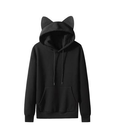 Men's Cute Cat Ears Sweatshirt Solid Color Fleece Hoodie with Pockets Fall Pullover Tops Outerwear Pajamas XX-Large Black
