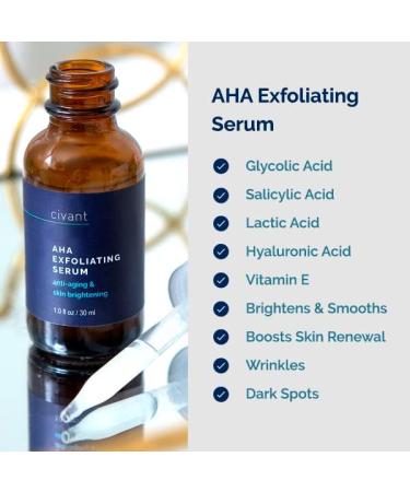 Civant AHA Exfoliating Serum with Glycolic Acid - Face Exfoliant Promoting Faster Skin Renewal and Absorption - Slows Aging - Brightening and Smoothing Toning Solution - Made in The USA 1.0 oz - Buy Online on GoSupps.com
