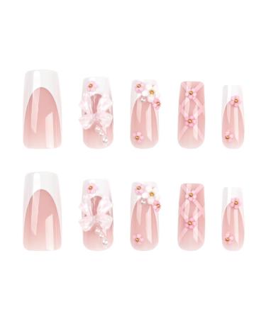 TQUXNGA Press on Nails Medium Long Craft False Nails Square 3D Flower Bowknot French Artificial Nails Finger Manicure Kit included
