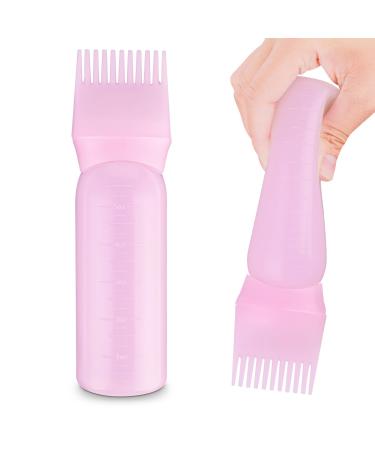 COMNICO Root Comb Applicator Bottle 6 Ounce Plastic PortableSqueeze Hair Dye Oil Applying Applicator Brush Cap with Graduated Scale Hair Color Dispenser (Pink)